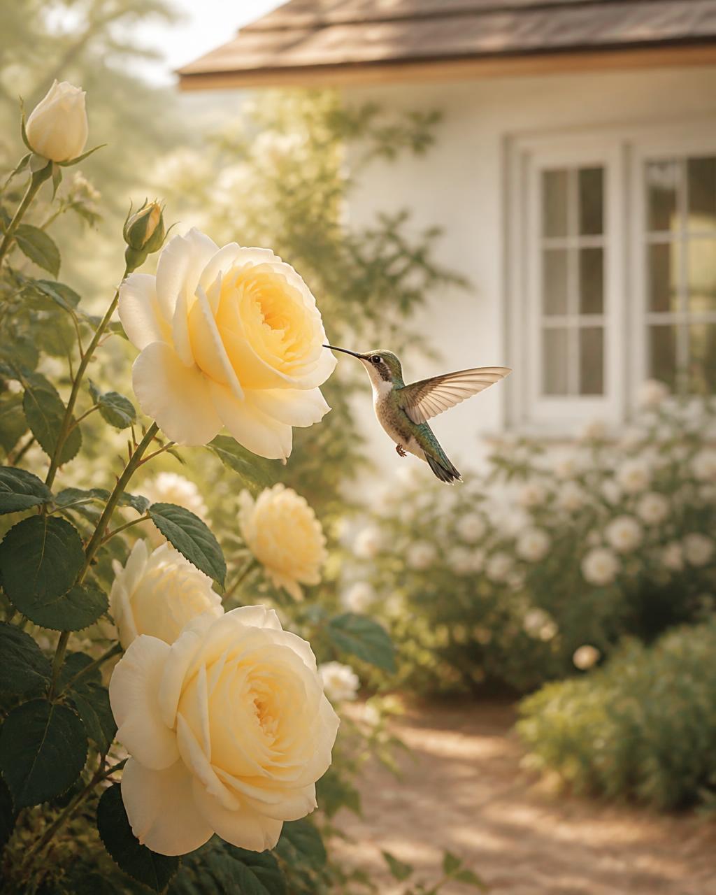 Pale yellow roses in a sunlit garden with a hummingbird